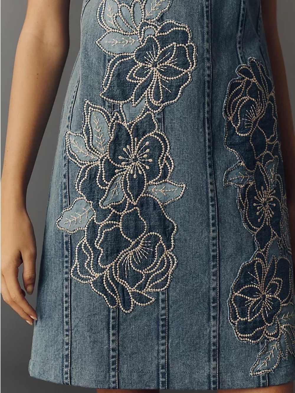 Maeve Denim Halter Shift Dress with White Floral Embroidery - Blue - Picture 3 of 4
